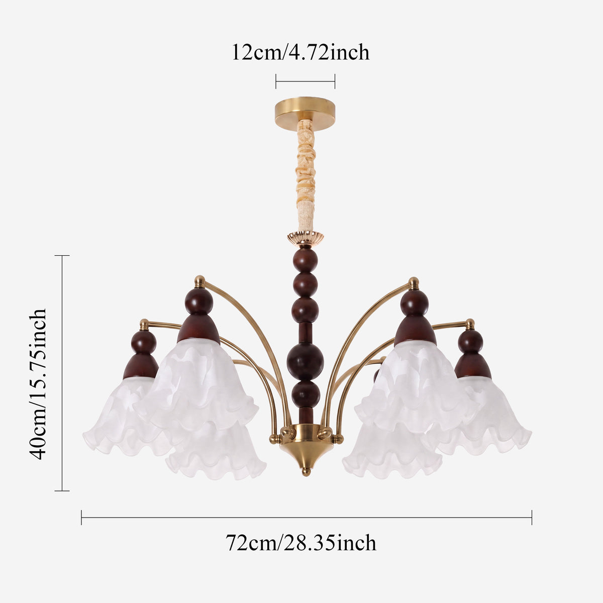 6-light chandelier with white glass shades with close-up glass flower detail
