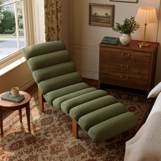 Modern Ergonomic Corduroy Chaise Lounge with Natural Wooden Frame