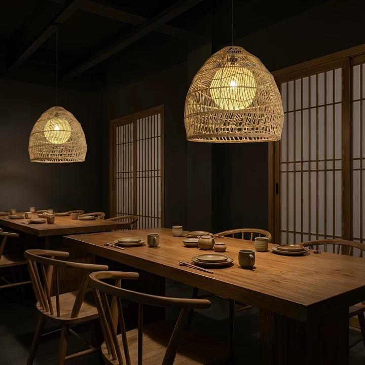 Rattan pendant lights with inner spheres above a long dining table