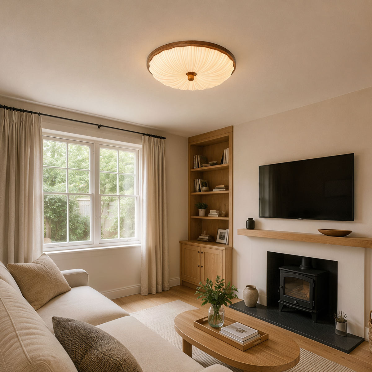 walnut scalloped acrylic ceiling light brightening a living room