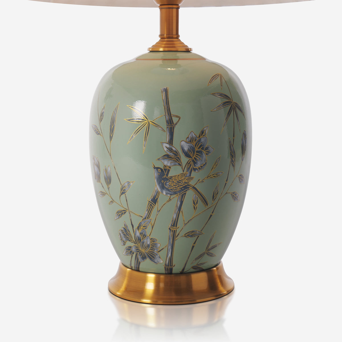 Green Bamboo & Bird Ceramic Table Lamp with Seamless Dimming