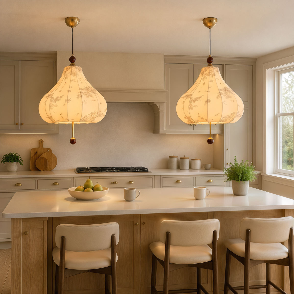 yellow floral fabric pendant light hung above a dining table