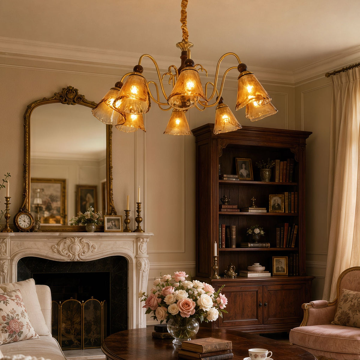 8-light walnut chandelier with amber cut glass shades brightening a traditional dining room