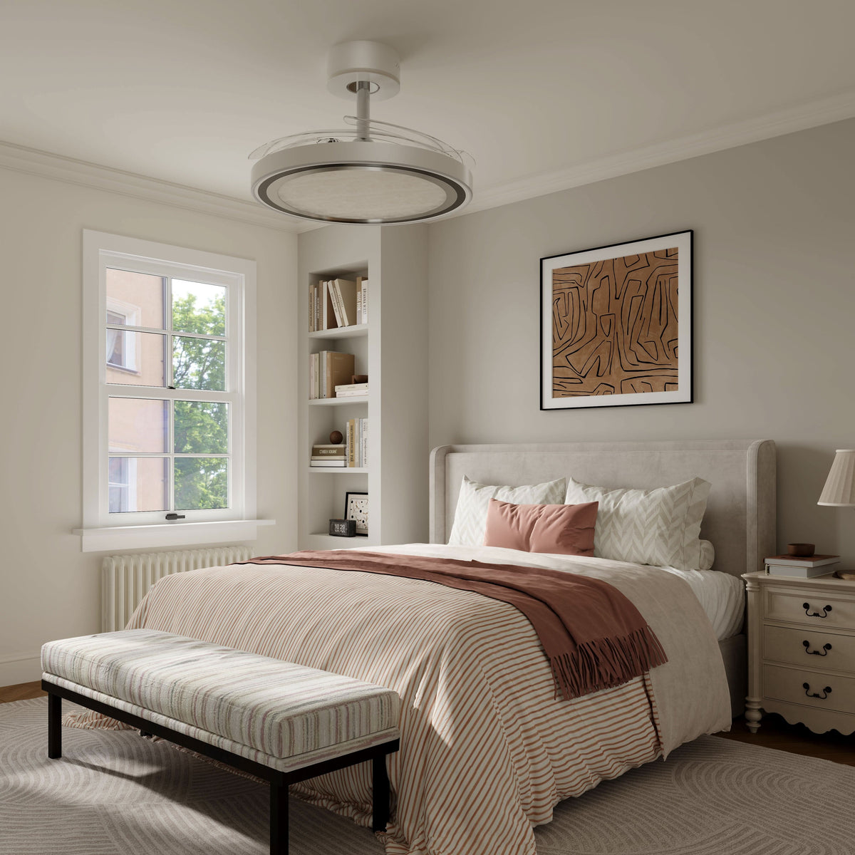 48 inch reversible ceiling fan with LED light installed in a living room