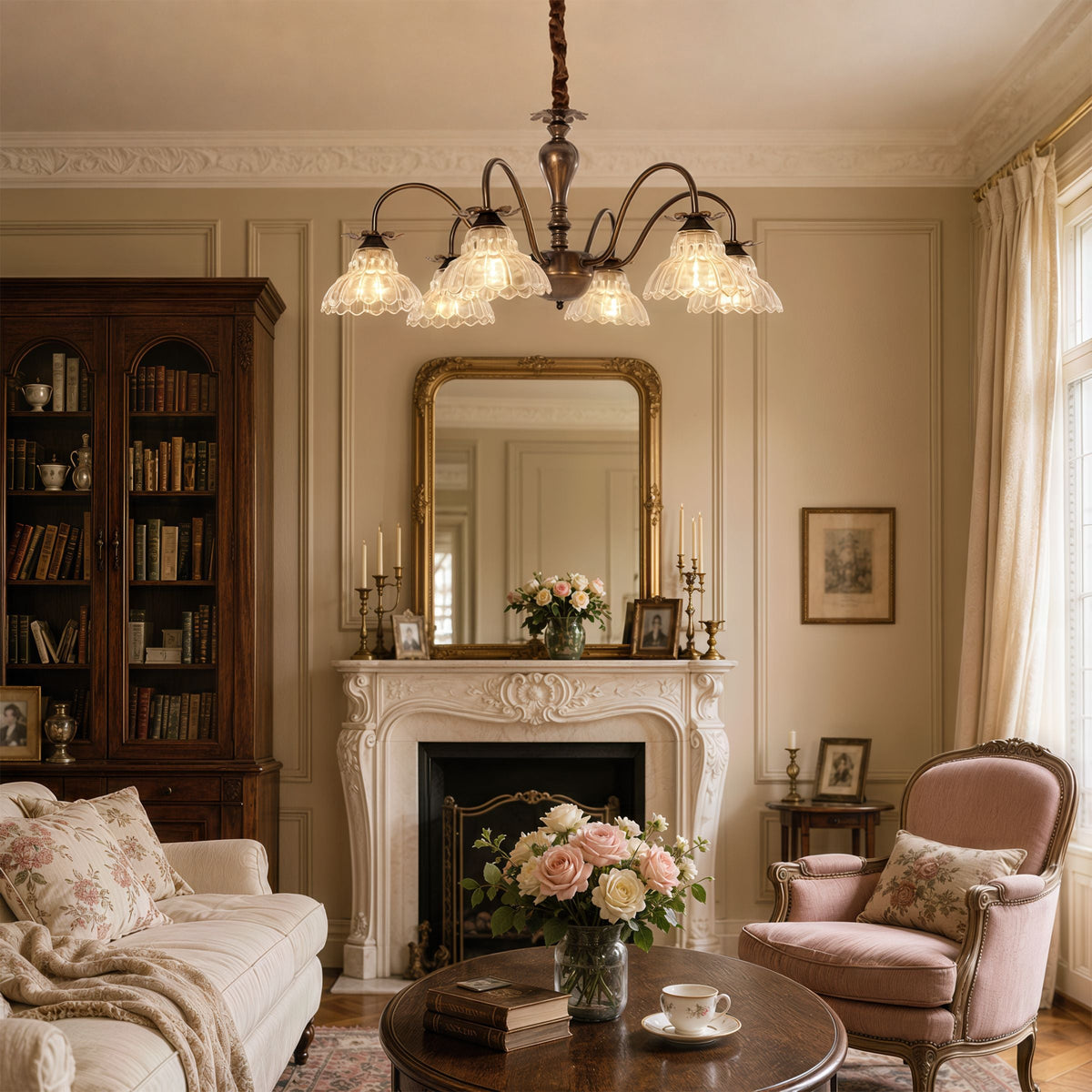 gold 6-light floral glass chandelier in an elegant lounge setting