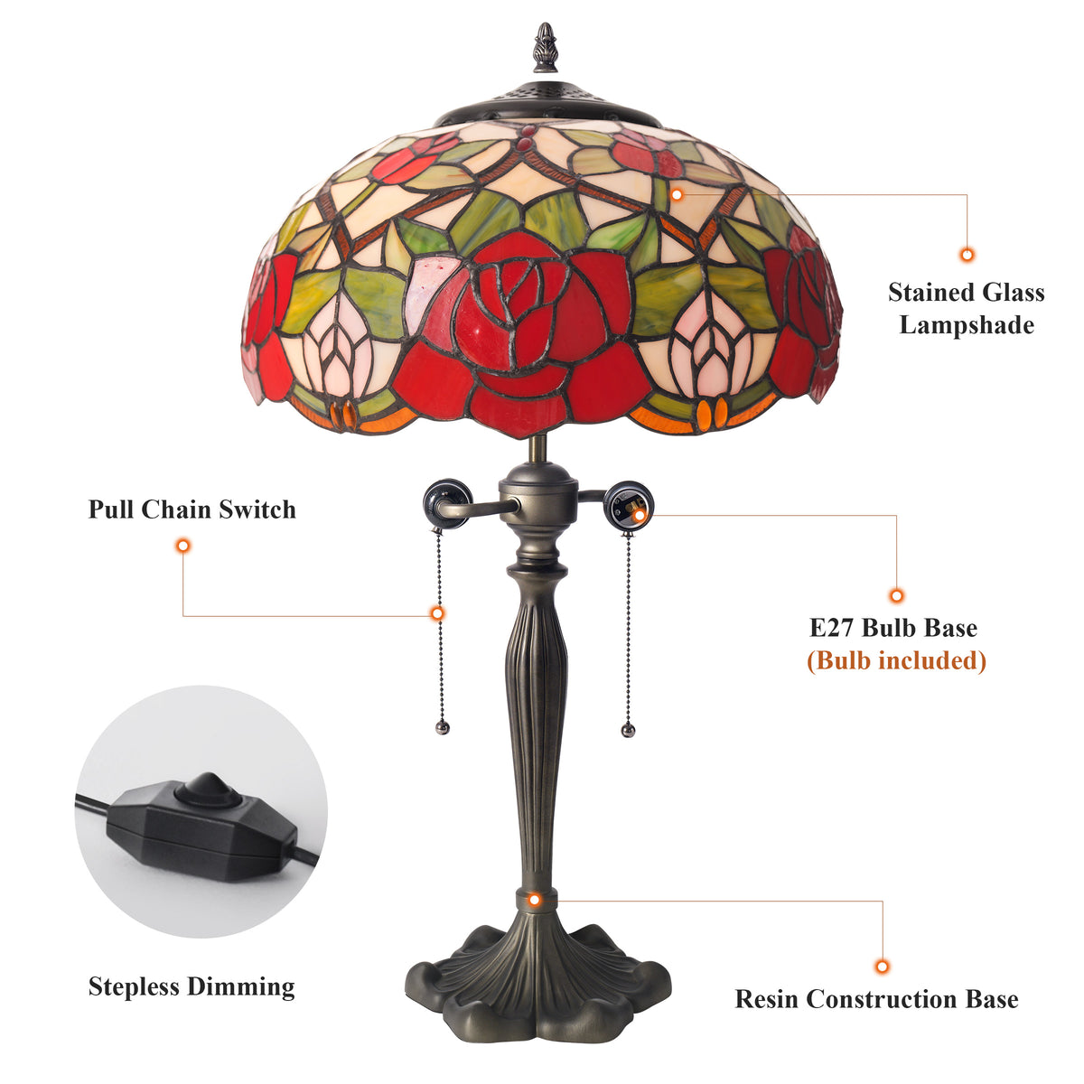 Tiffany Table Lamp | Handcrafted Stained Glass Rose Series