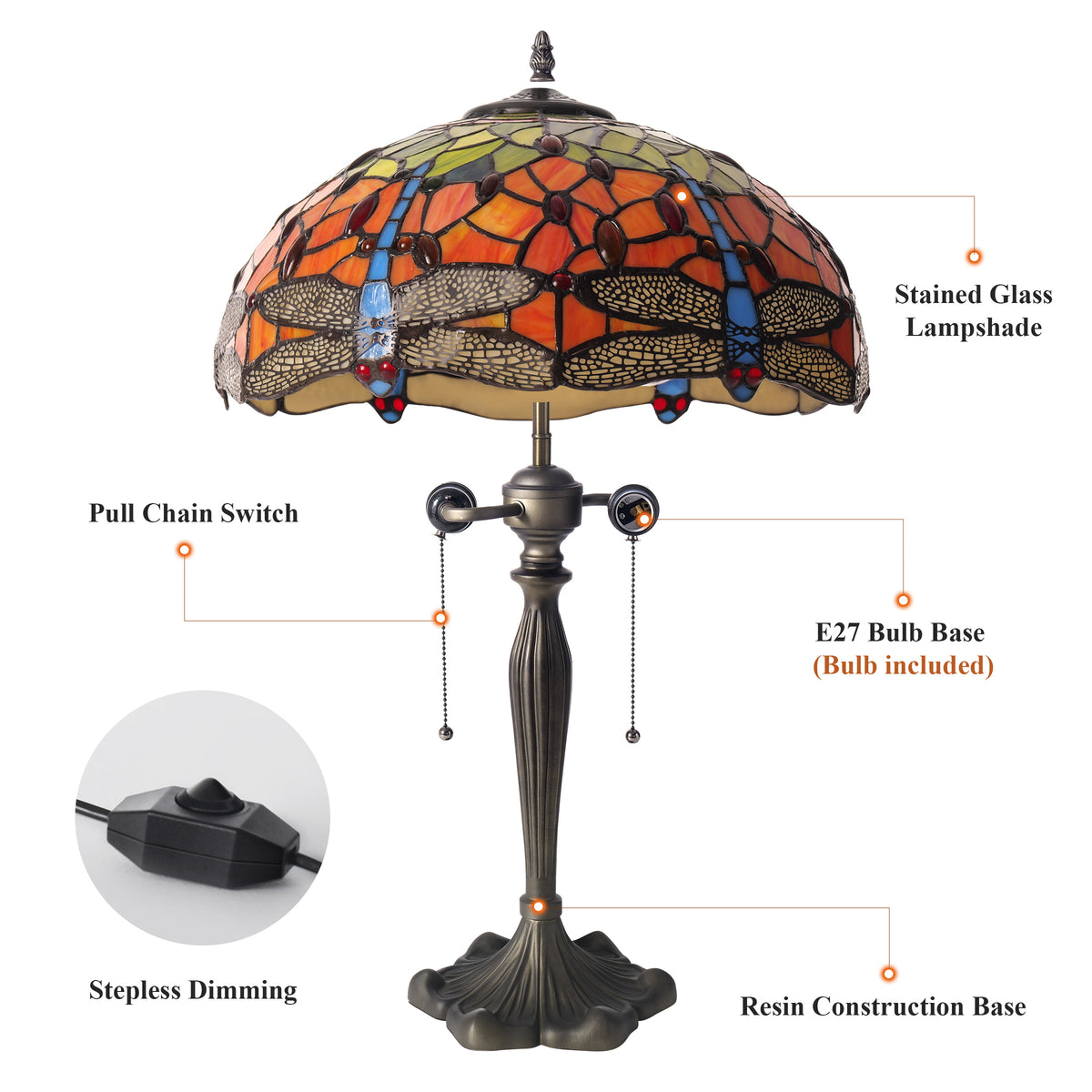 Tiffany Table Lamp | Handcrafted Stained Glass Dragonfly Series Blue Dragonfly