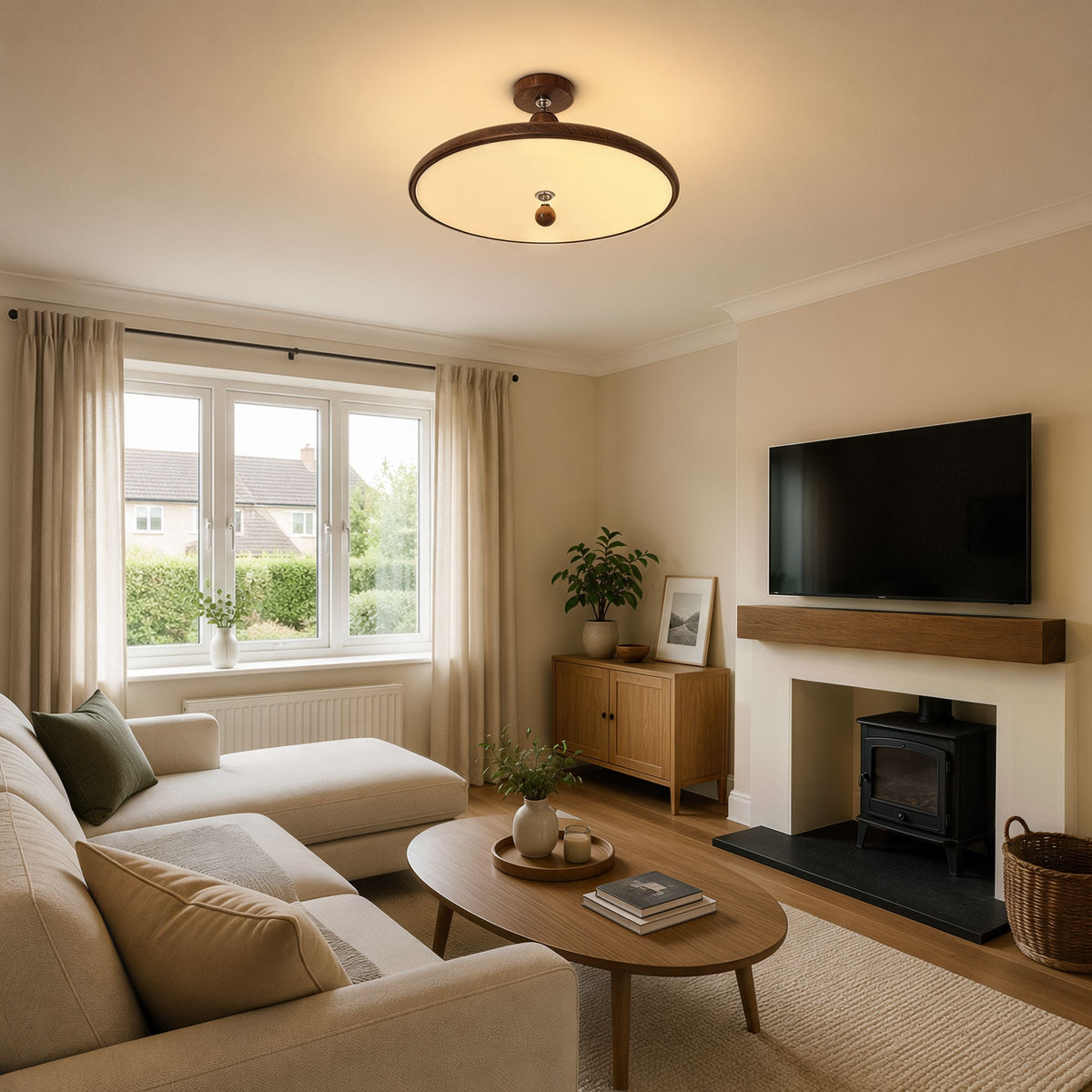 walnut two-globe flush ceiling light in a hallway with neat flush fit