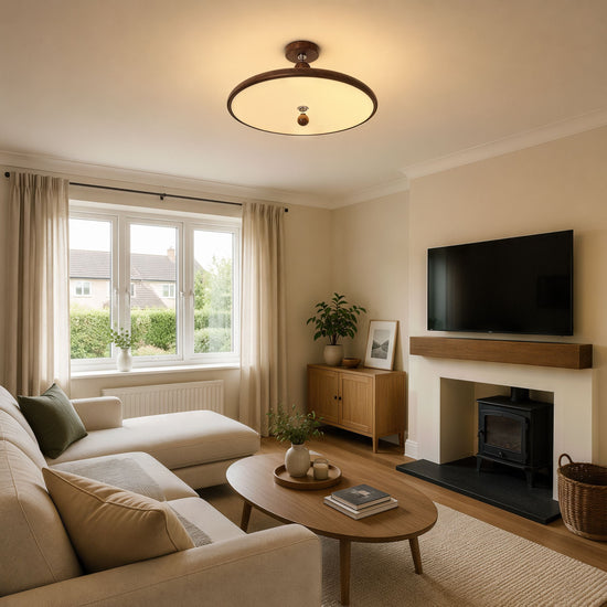 walnut two-globe flush ceiling light in a hallway with neat flush fit