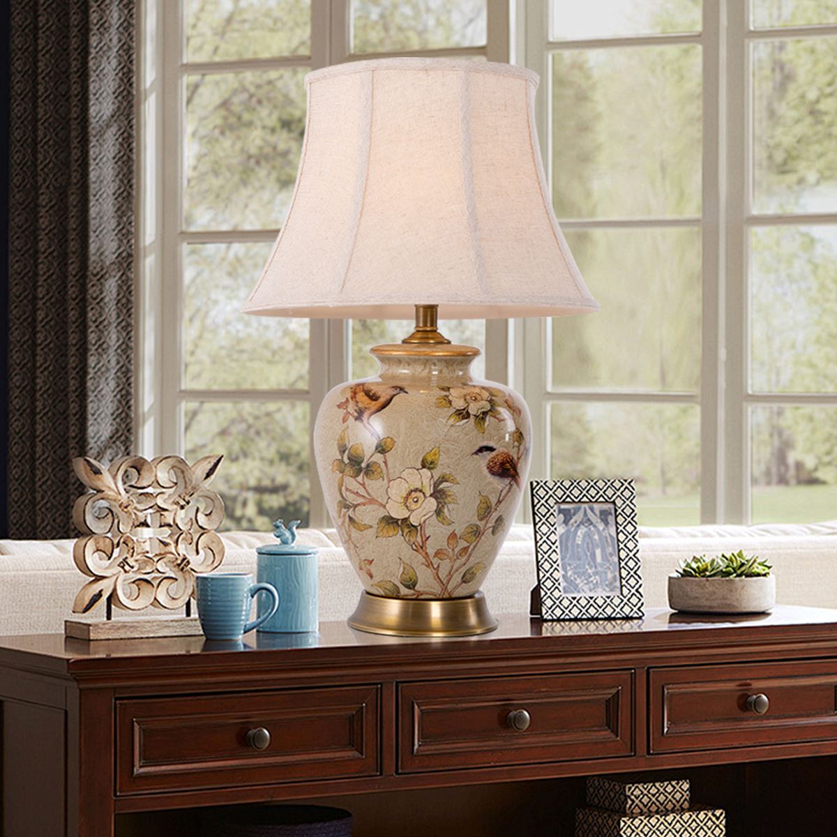 Living Nest UK Vintage Ceramic Bird-Pattern Table Lamp with Fabric Shade Living Nest UK