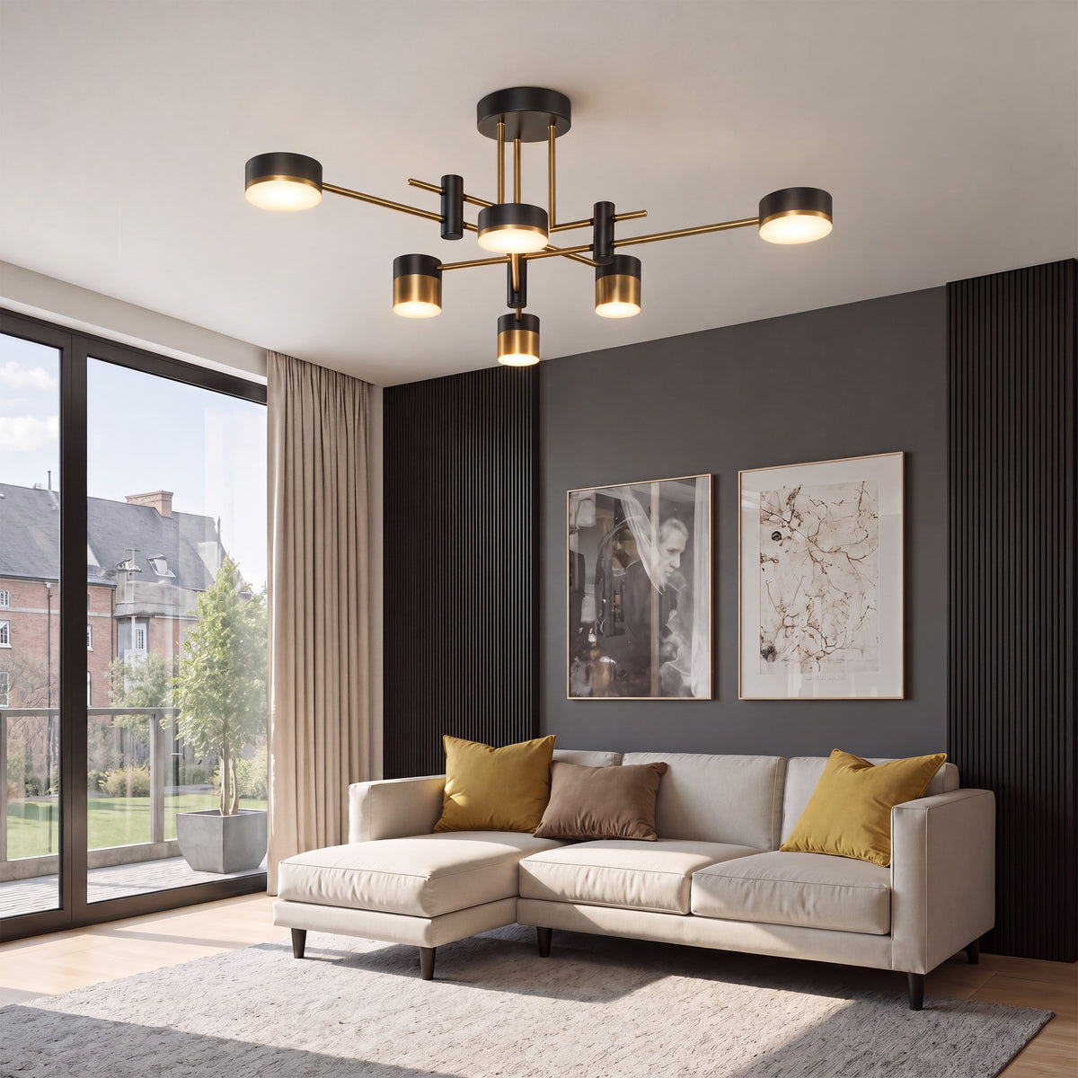 black and gold LED ceiling light over a sofa in a bright living room