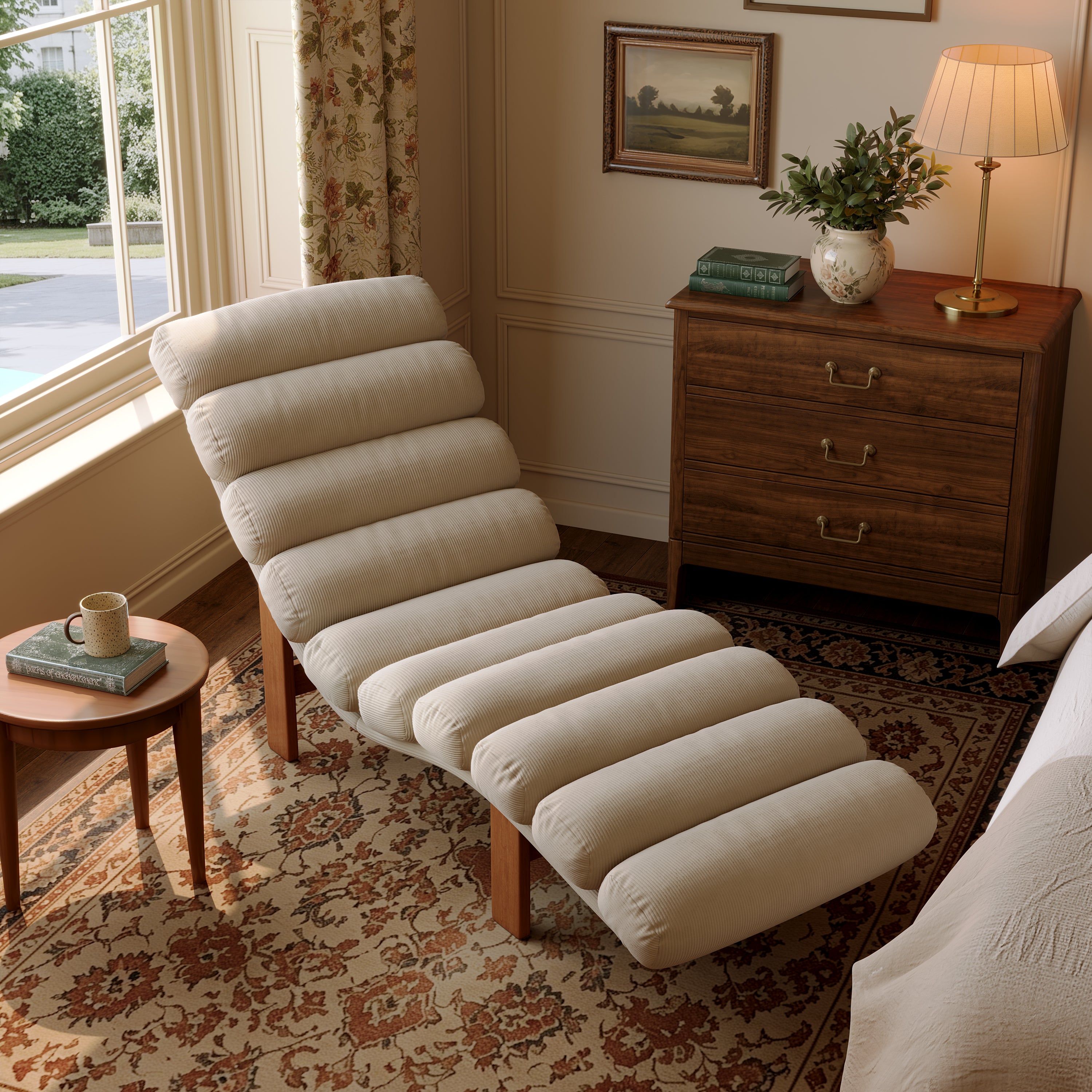 Modern Ergonomic Corduroy Chaise Lounge with Natural Wooden Frame