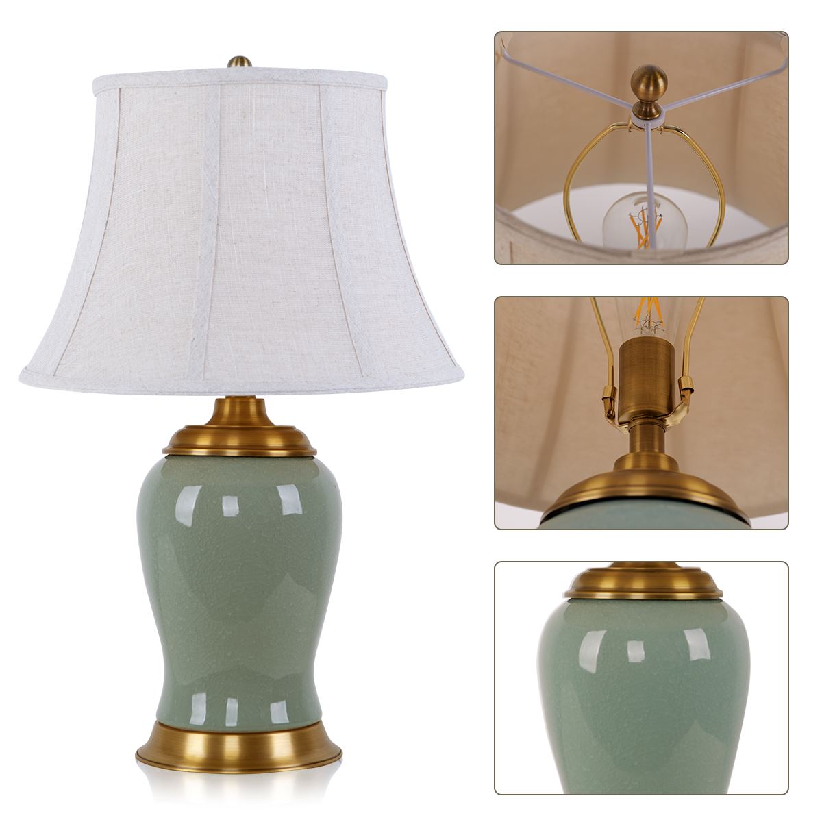 Vintage Green Crackle Ceramic Table Lamp with Fabric Shade Living Nest UK