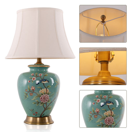 Vintage Green Floral Ceramic Table Lamp with Fabric Shade Living Nest UK