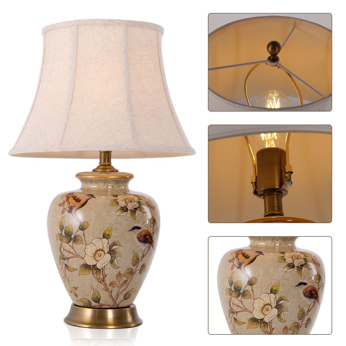 Vintage Ceramic Bird-Pattern Table Lamp with Fabric Shade Living Nest UK
