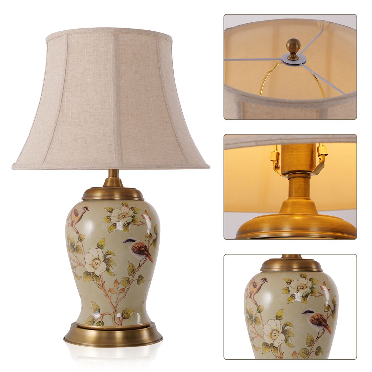 Vintage Camellia Ceramic Table Lamp with Copper Base and Fabric Shade Living Nest UK