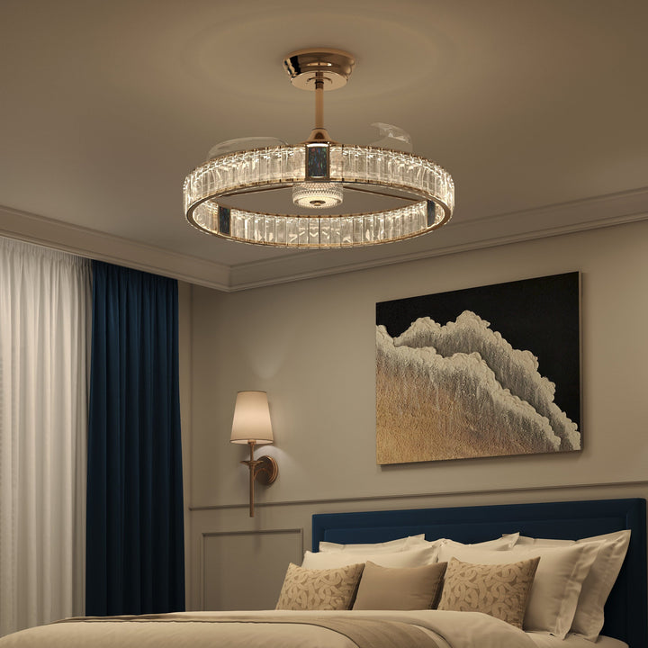 Gold crystal ceiling fan light with 6-speed remote control for bedrooms