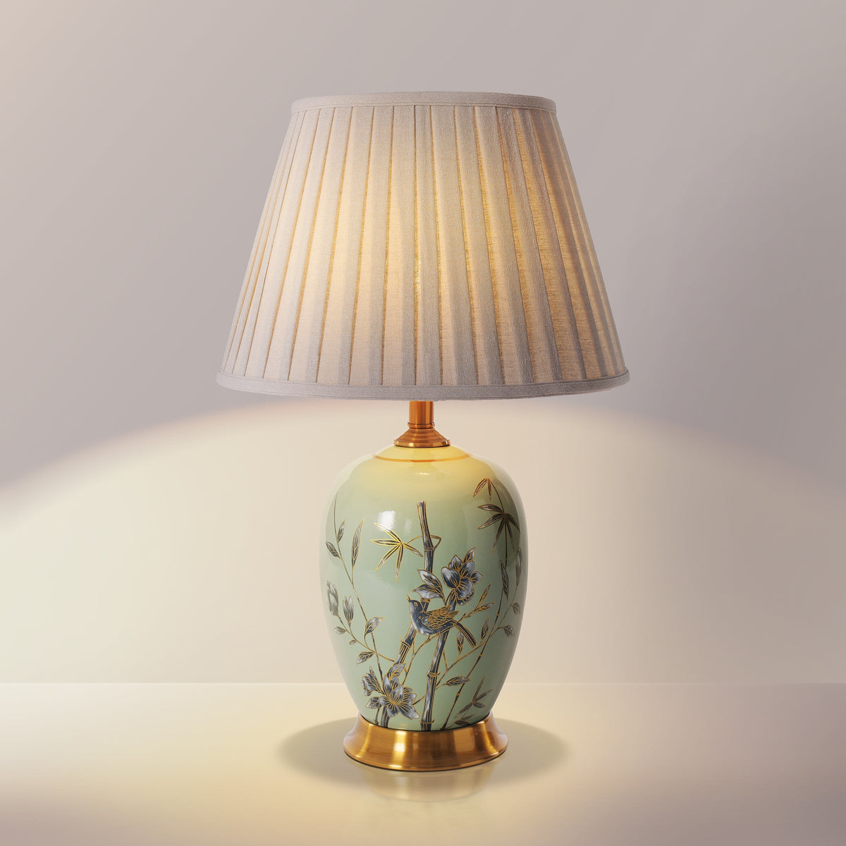 Green Bamboo & Bird Ceramic Table Lamp with Seamless Dimming
