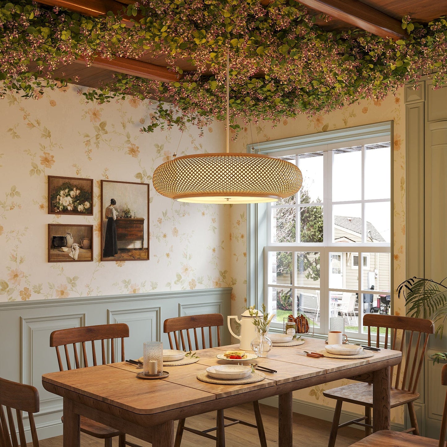 bamboo pendant light over a set dining table