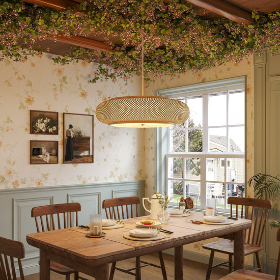 bamboo pendant light over a set dining table