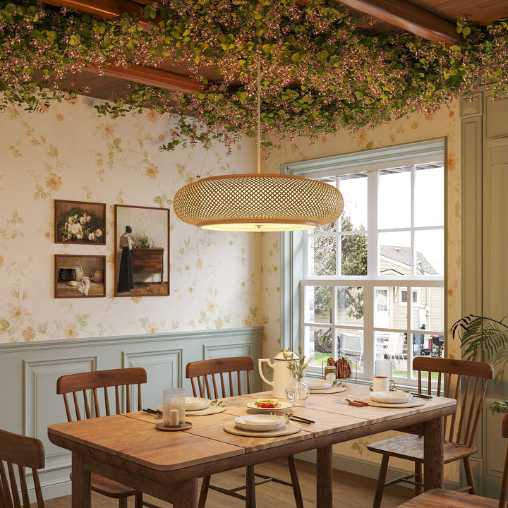 bamboo pendant light over a set dining table