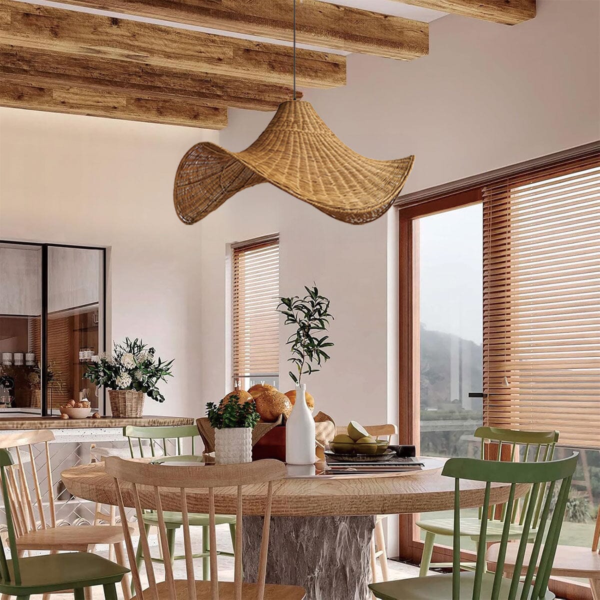 Living Nest UK Natural & White Hat-Shaped Handwoven Rattan Pendant Light Living Nest UK