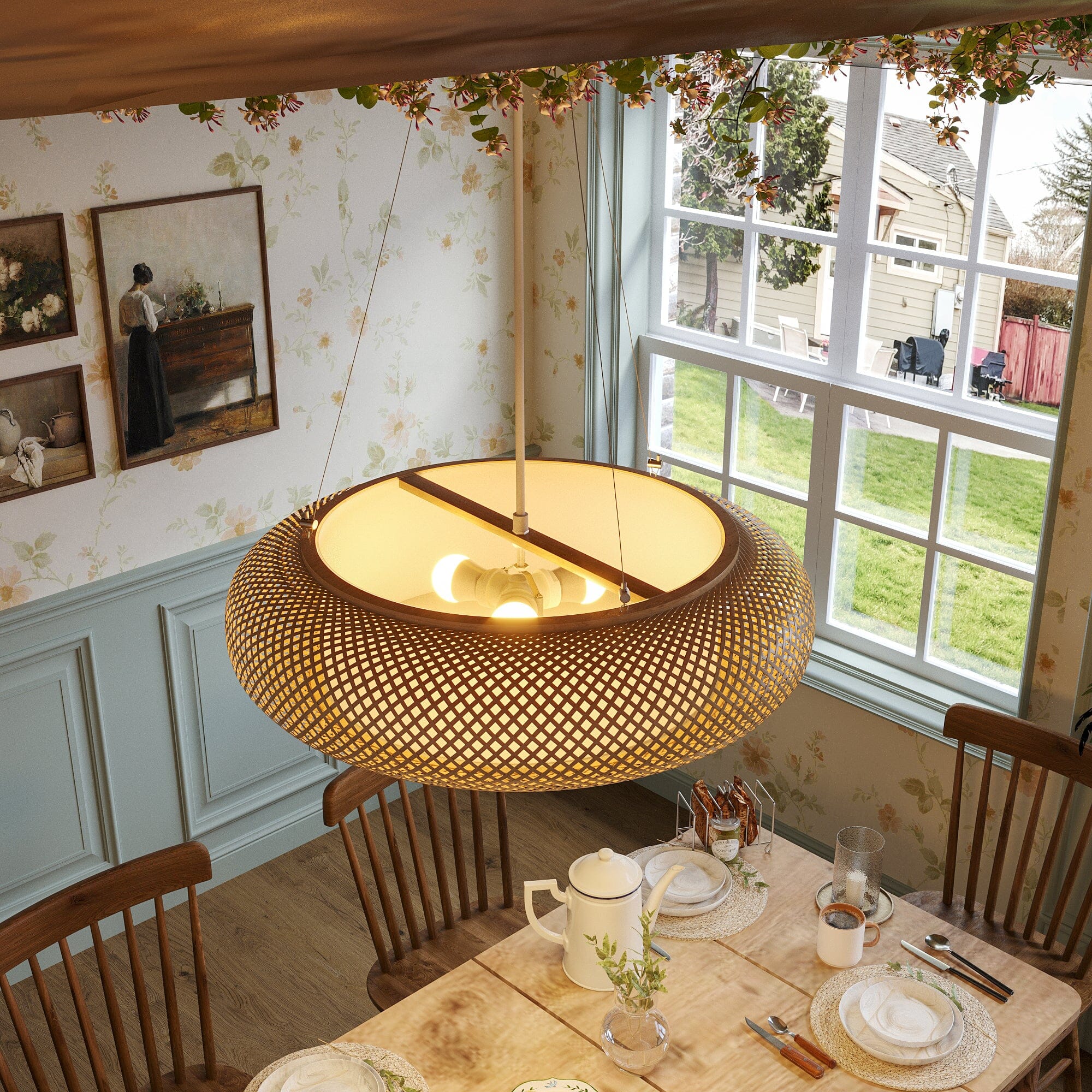 overhead bamboo rattan pendant light over a dining table