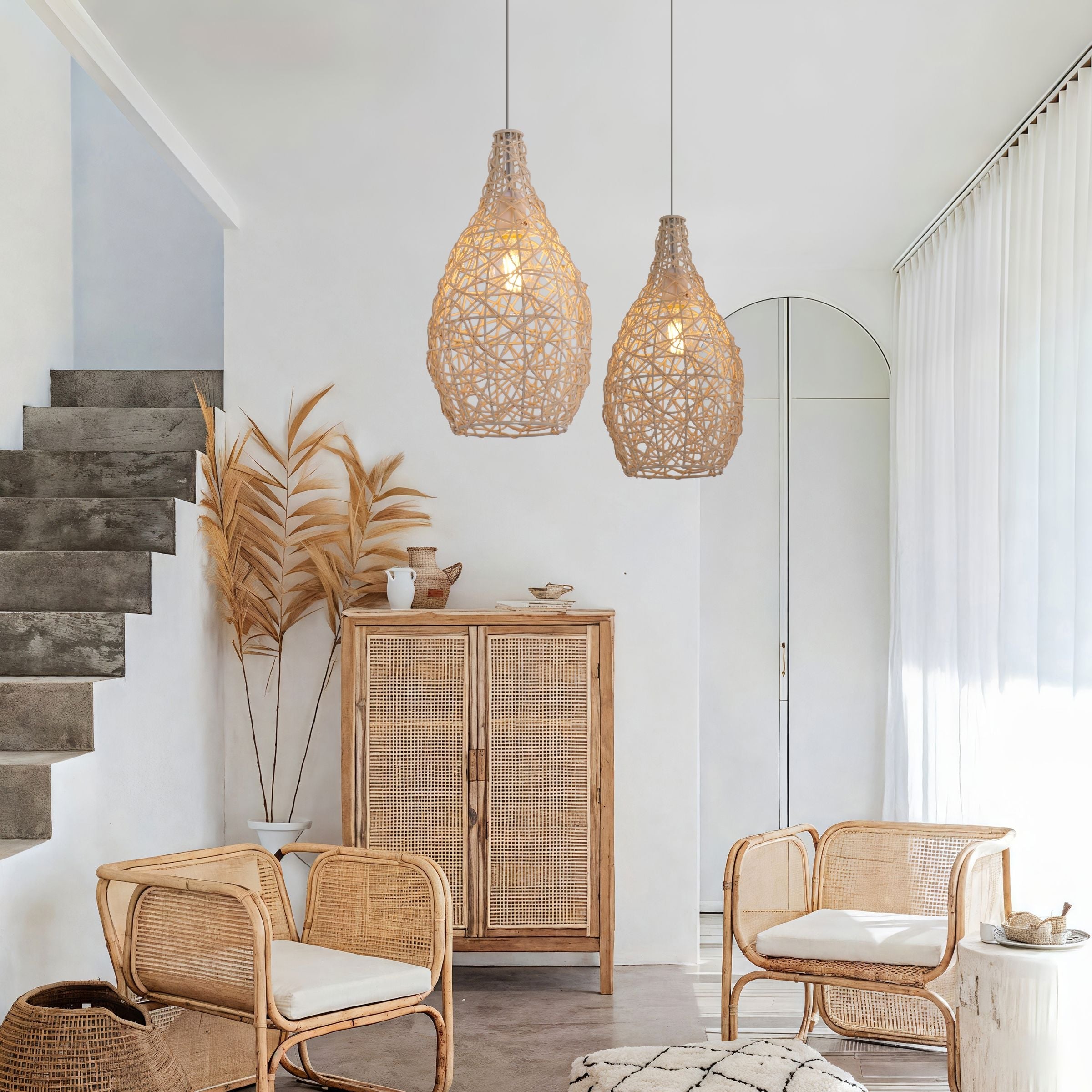 Lightsin Natural Rattan and Bamboo Pendant Light with Iron Frame Lightsin UK 