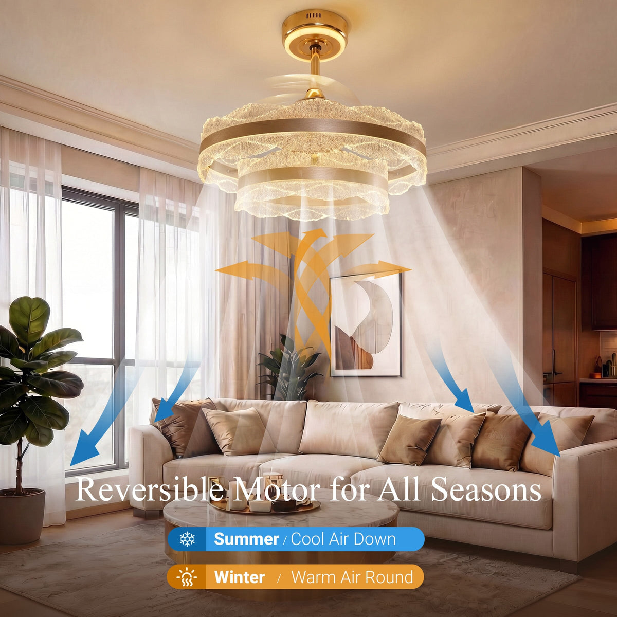 Reversible airflow graphic for gold crystal ceiling fan light in a living room