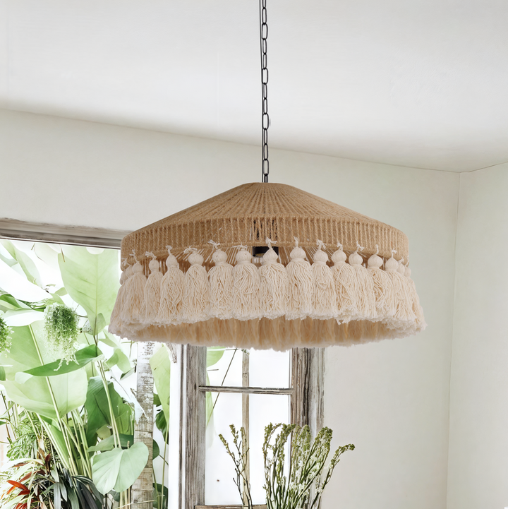 Boho Woven Pendant Light with Tassels, Handcrafted Hemp Rope Hanging Ceiling Light for Dining Room & Living Room
