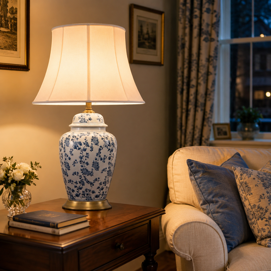 blue floral ceramic table lamp casting warm light beside an armchair at night
