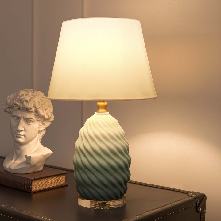 🎁 3D Blue Green White Gradient Threaded Ceramic Table Lamp with Fabric Shade (100% off)