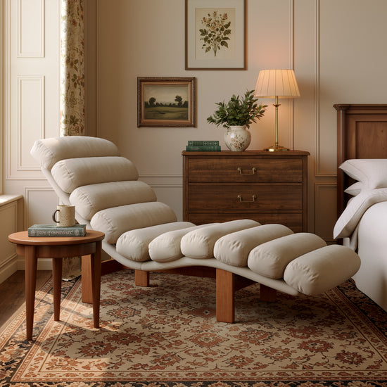 Modern Ergonomic Corduroy Chaise Lounge with Natural Wooden Frame