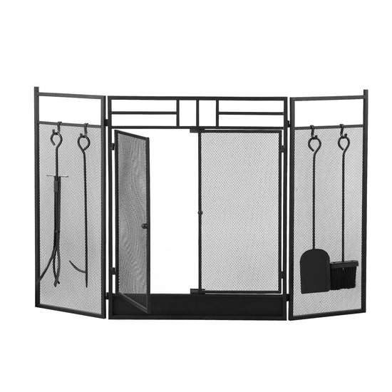 Iron Fireplace Screen with 4-Piece Tool Set Black Powder Coated – 122x1.3x80cm