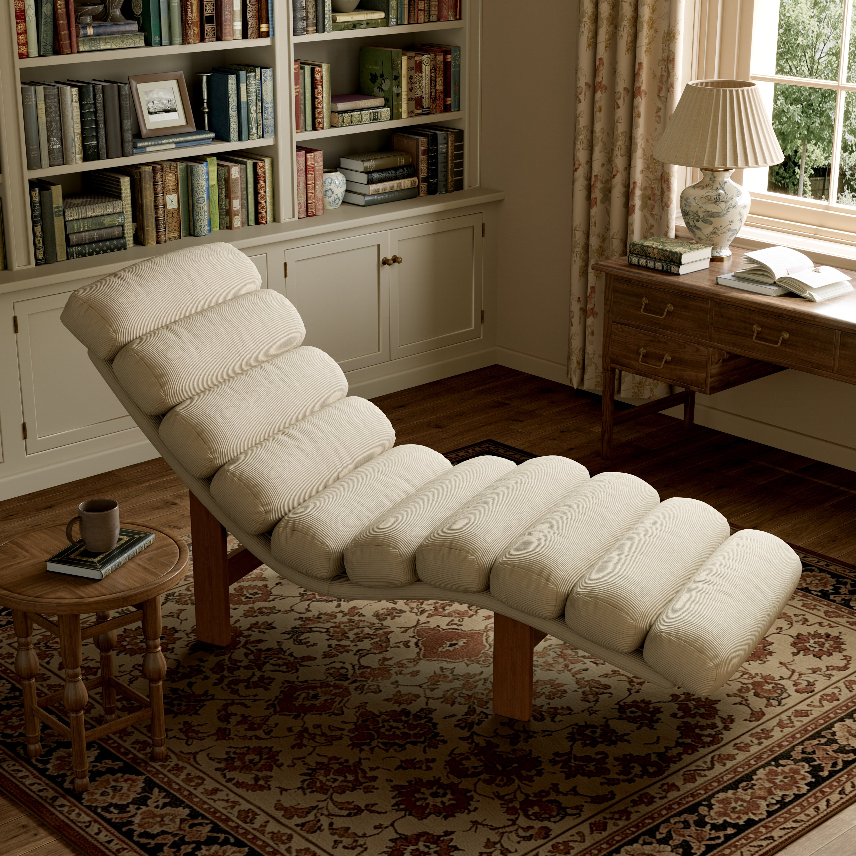 Modern Ergonomic Corduroy Chaise Lounge with Natural Wooden Frame