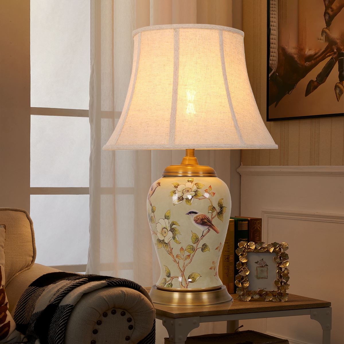 Living Nest UK Vintage Camellia Ceramic Table Lamp with Copper Base and Fabric Shade Living Nest UK