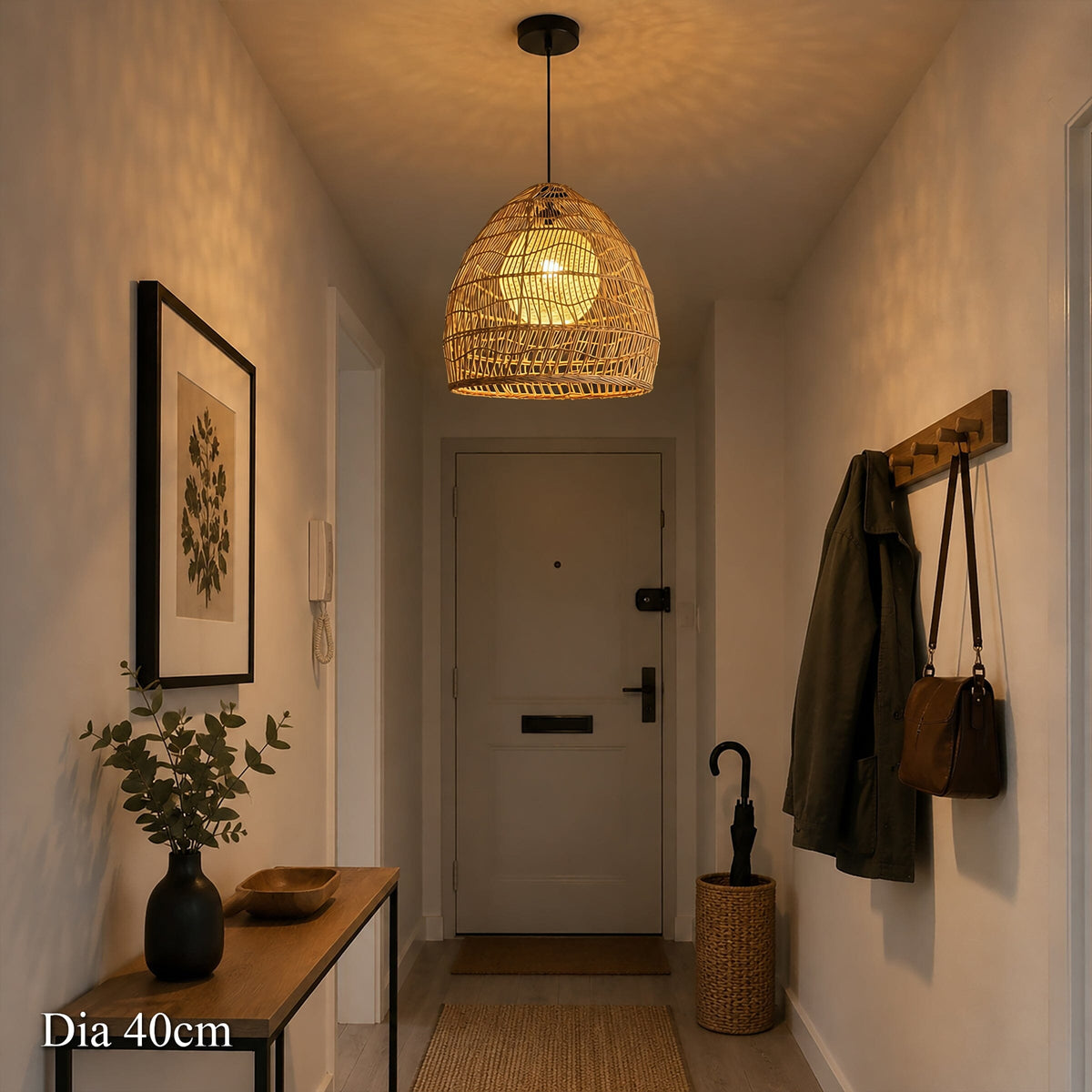 40cm rattan pendant light with yellow inner sphere in a narrow hallway