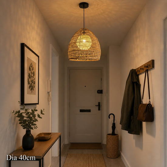 40cm rattan pendant light with yellow inner sphere in a narrow hallway