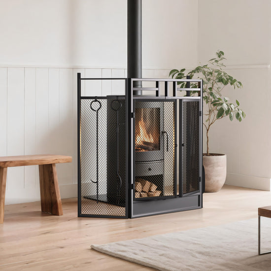 Iron Fireplace Screen with 4-Piece Tool Set Black Powder Coated – 122x1.3x80cm