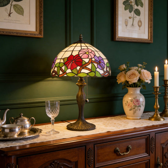 Lightsin Tiffany Table Lamp | Handcrafted Stained Glass Floral Petals Series Red, Pink and Purple Lightsin UK
