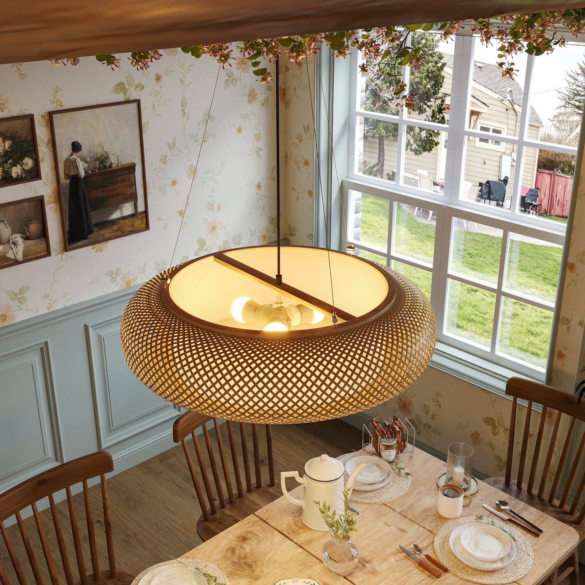 overhead view of bamboo pendant light above a dining table