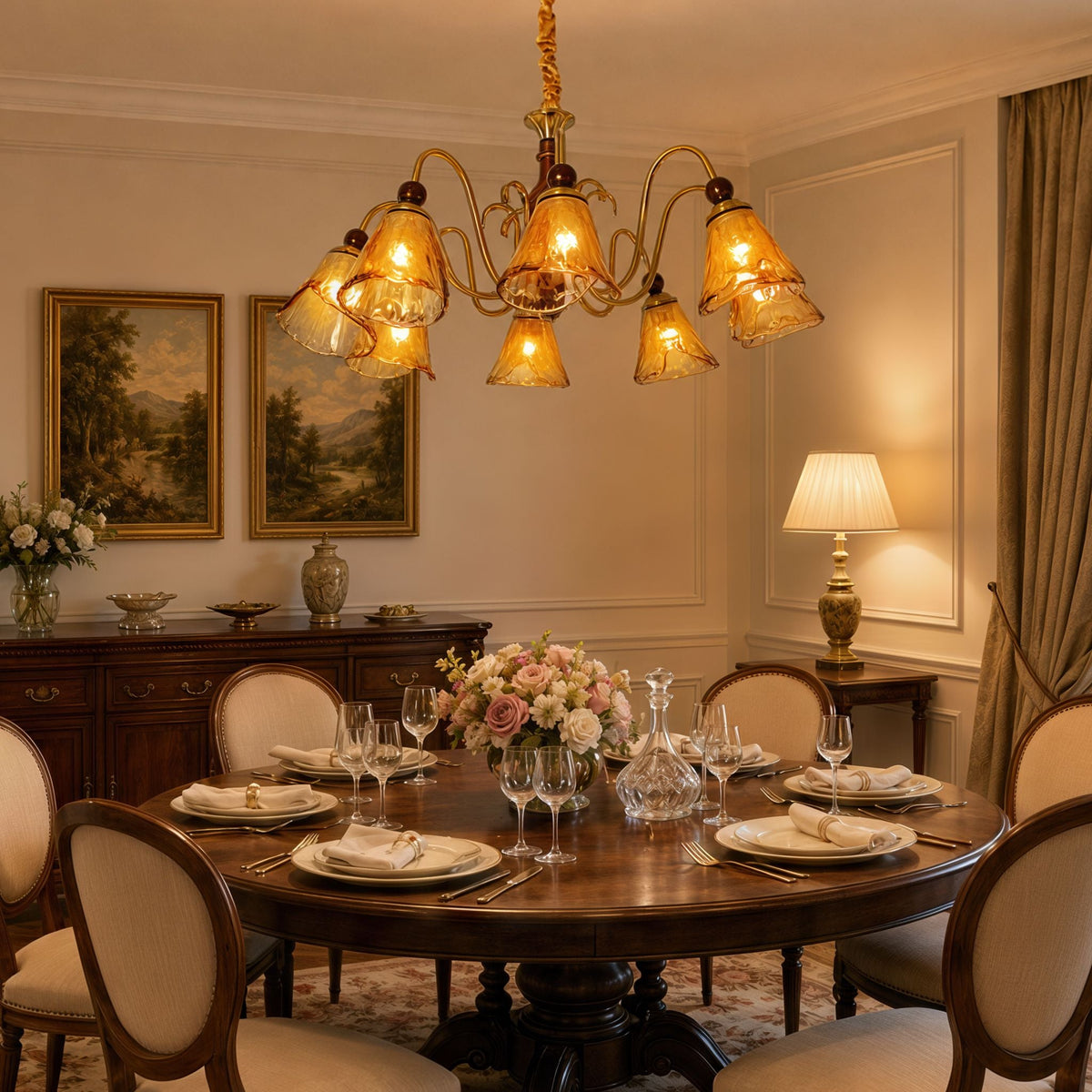8-light walnut chandelier with amber cut glass shades in an elegant lounge setting