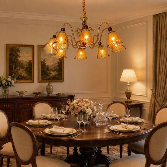 8-light walnut chandelier with amber cut glass shades in an elegant lounge setting