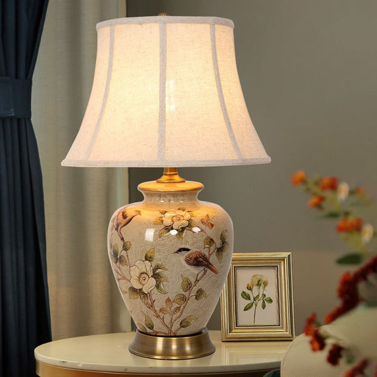 Living Nest UK Vintage Ceramic Bird-Pattern Table Lamp with Fabric Shade Living Nest UK