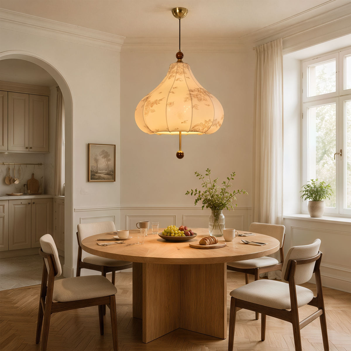 yellow floral fabric pendant light beside a cosy seating area