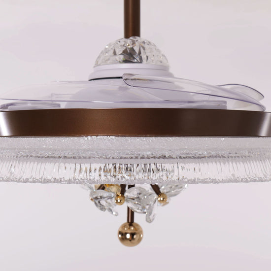 36 inch reversible ceiling fan with LED light shown from below with LED light on