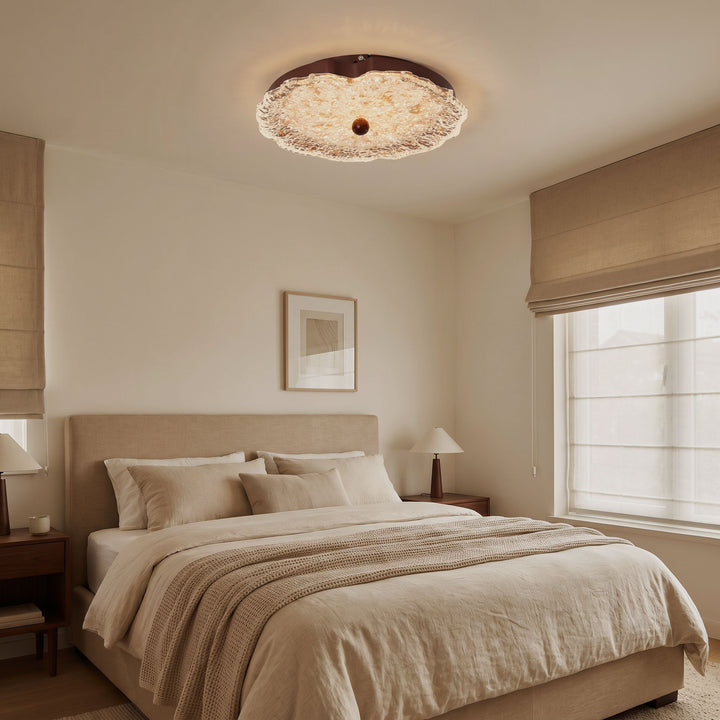walnut ripple acrylic ceiling light adding warm light to a bedroom