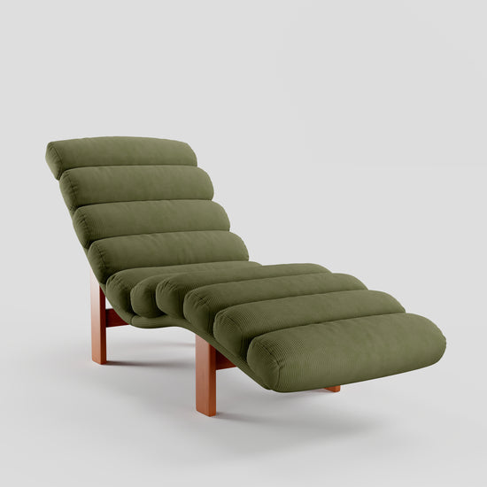 Modern Ergonomic Corduroy Chaise Lounge with Natural Wooden Frame