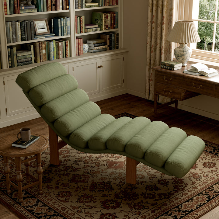 Modern Ergonomic Corduroy Chaise Lounge with Natural Wooden Frame