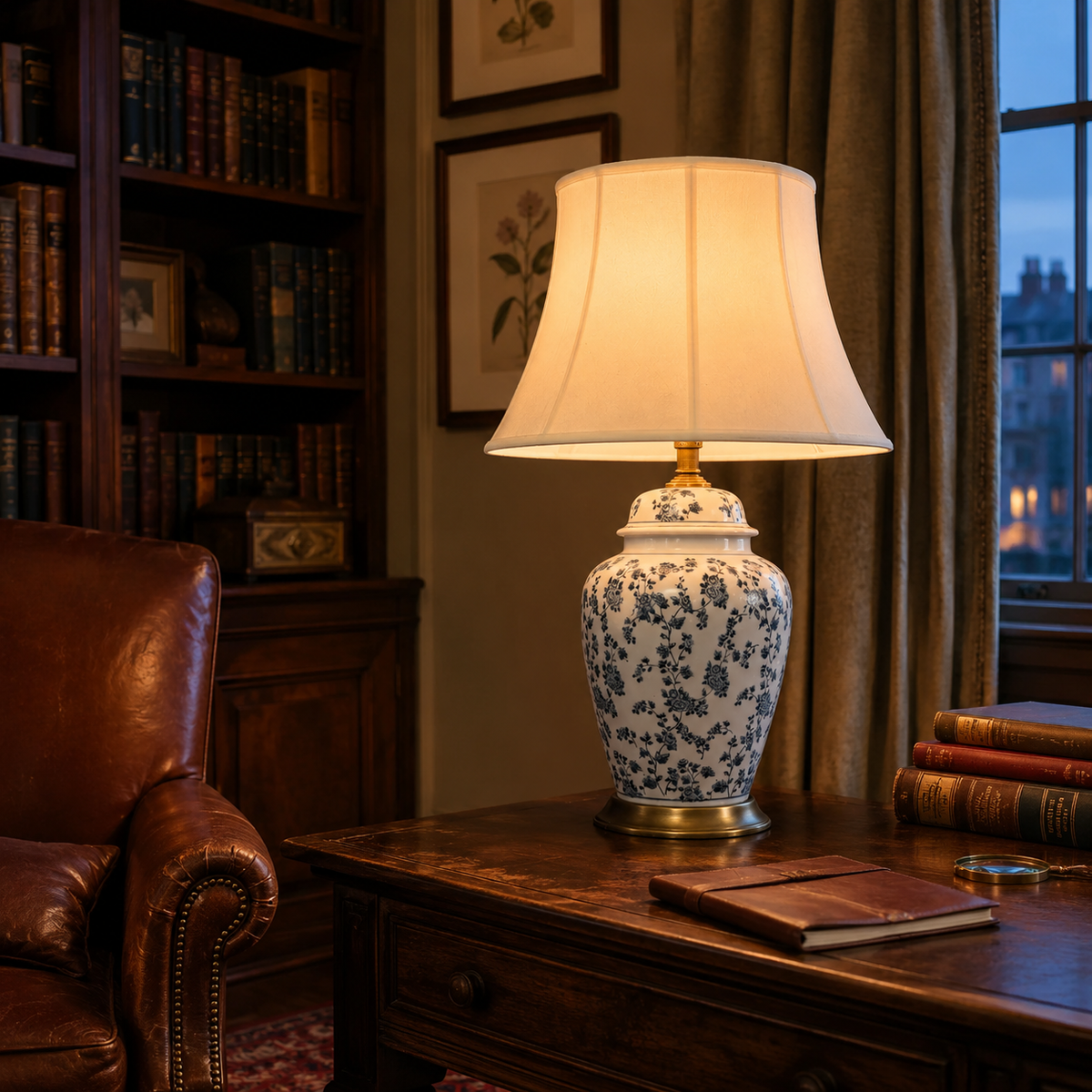 blue floral ceramic table lamp in a cosy study with leather chair and books